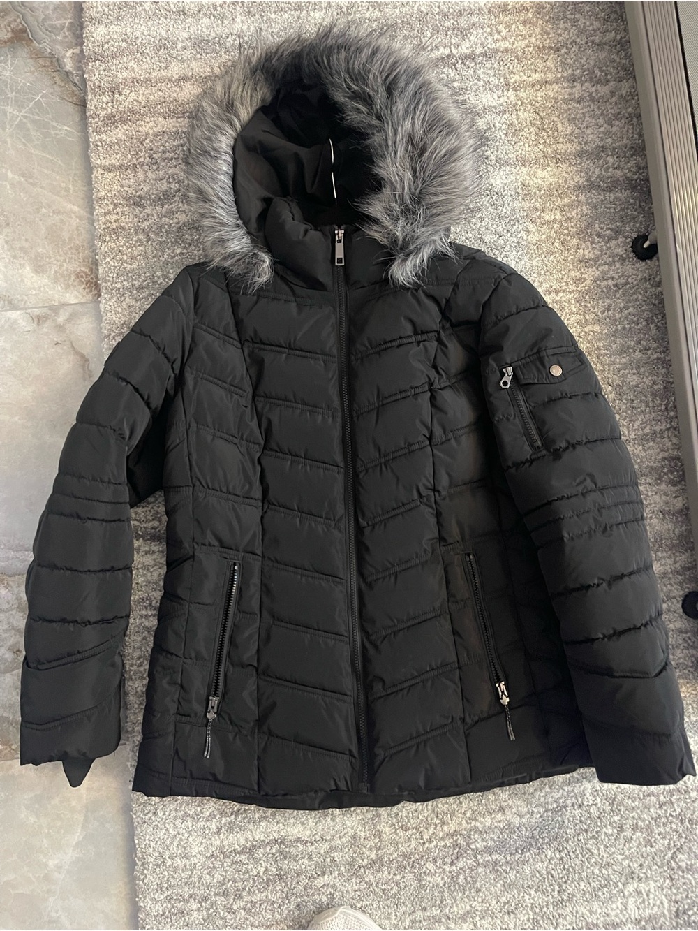 Nautica Black Women's Quilted Puffer Jacket with Faux Fur Hood